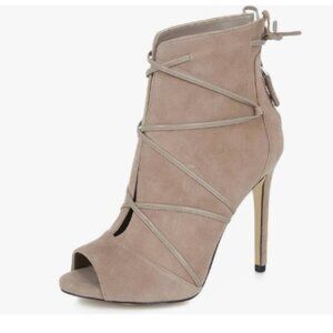 YDN Beige Peep Toe Faux Suede Ankle Booties Platform High Heels Lace Up Shoes